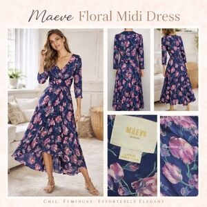 Anthro Maeve Floral Midi Dress Size L Navy Pink Boho Flowy Romantic Chic